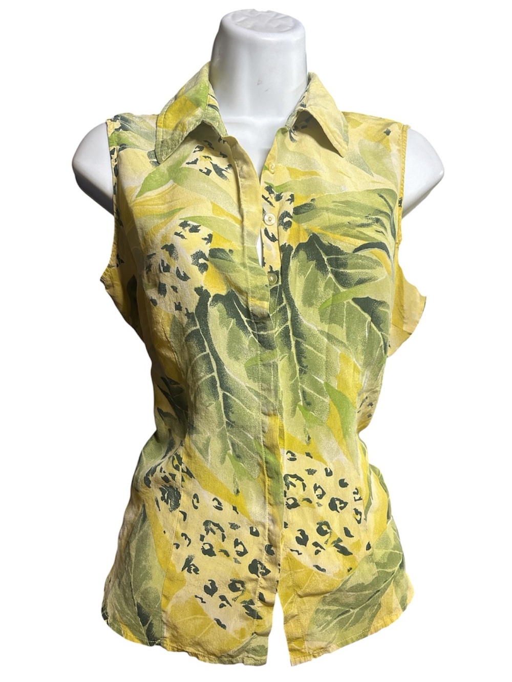 Vintage TESS 100% Silk Sleeveless Blouse Size 10 Tropical Leaf Leopard Print